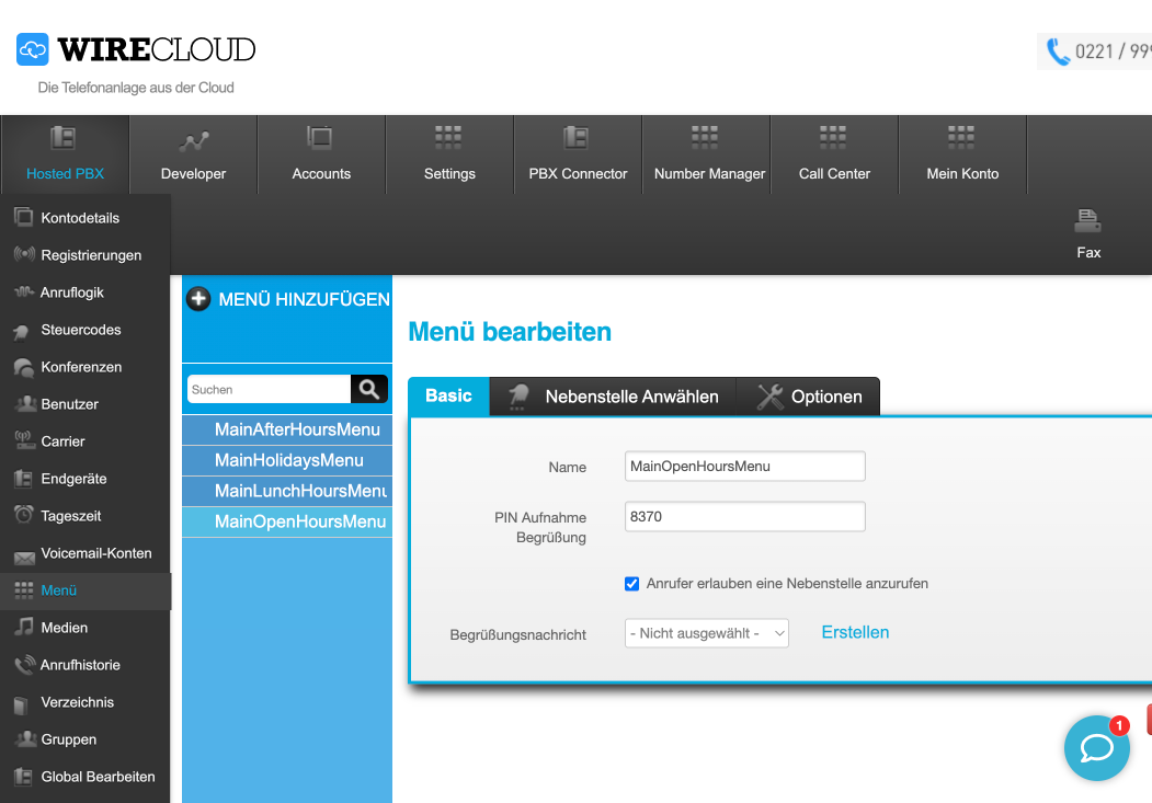 WIRECLOUD Menü (IVR) bearbeiten