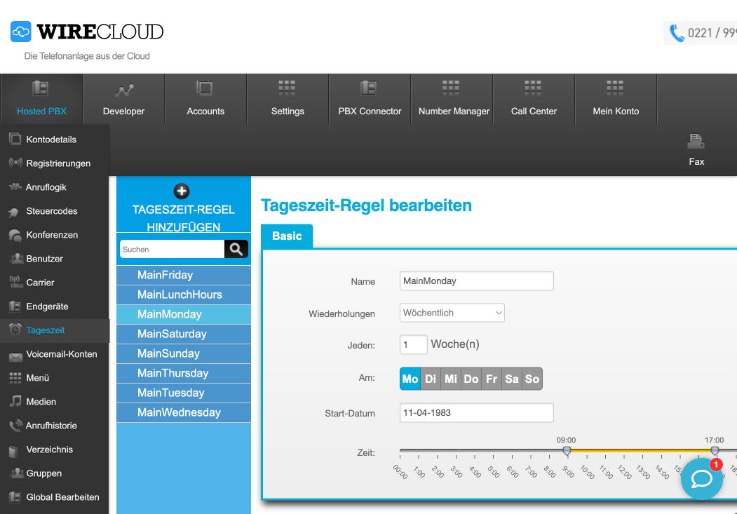 WIRECLOUD Tageszeit-Regel bearbeiten