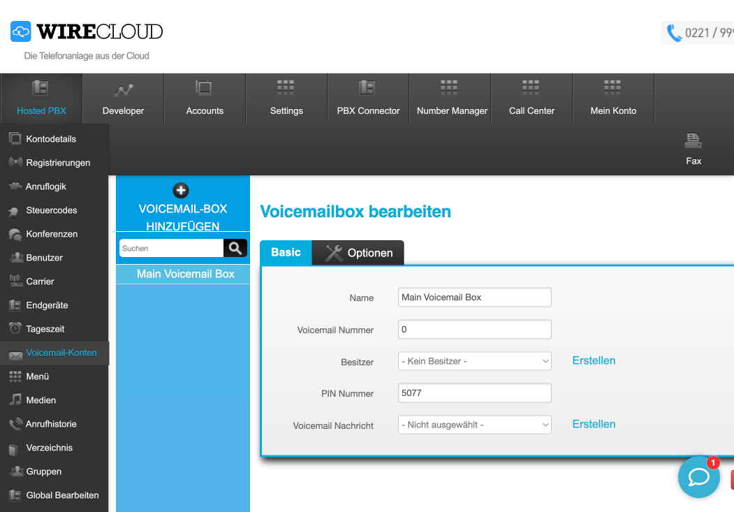 WIRECLOUD Voicemailbox bearbeiten